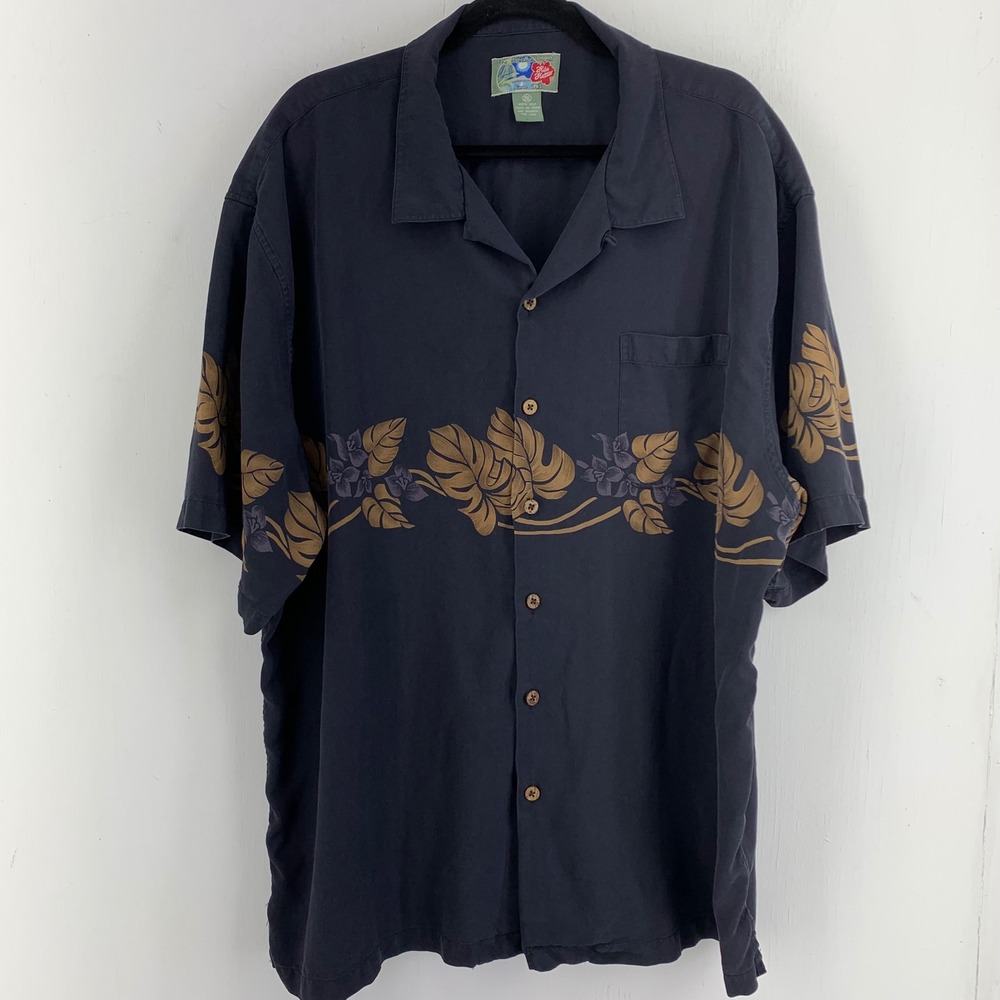 Hilo Hattie Mens 2XL Hawaiian Shirt Navy Blue 100% Silk Floral Leaf Border Print